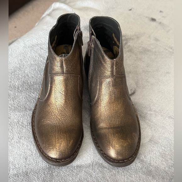 Fly London Ankle Boots Gold Bronze Block Heel Zip Up Booties Womens EU 37 US 6.5 - Picture 3 of 16